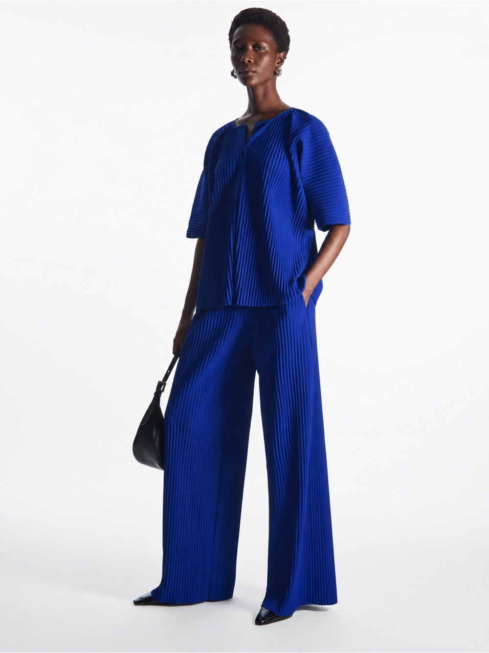 COS | Pleated Half Zip Blouse Top in Cobalt Blue ~ Small